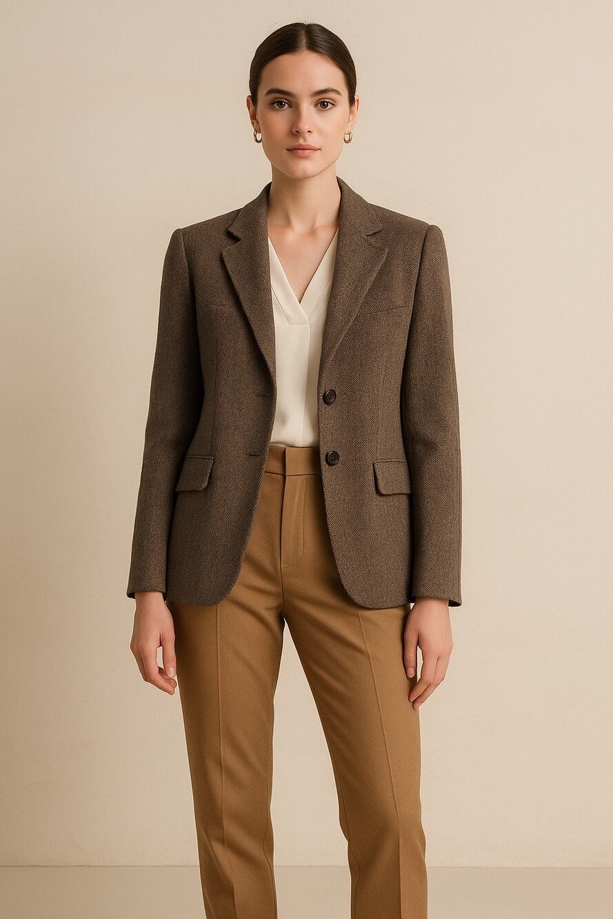 Vintage Sônia Bogner Wool Blazer Carlo Barbera Brown Herringbone 14 Silk 44 XL
